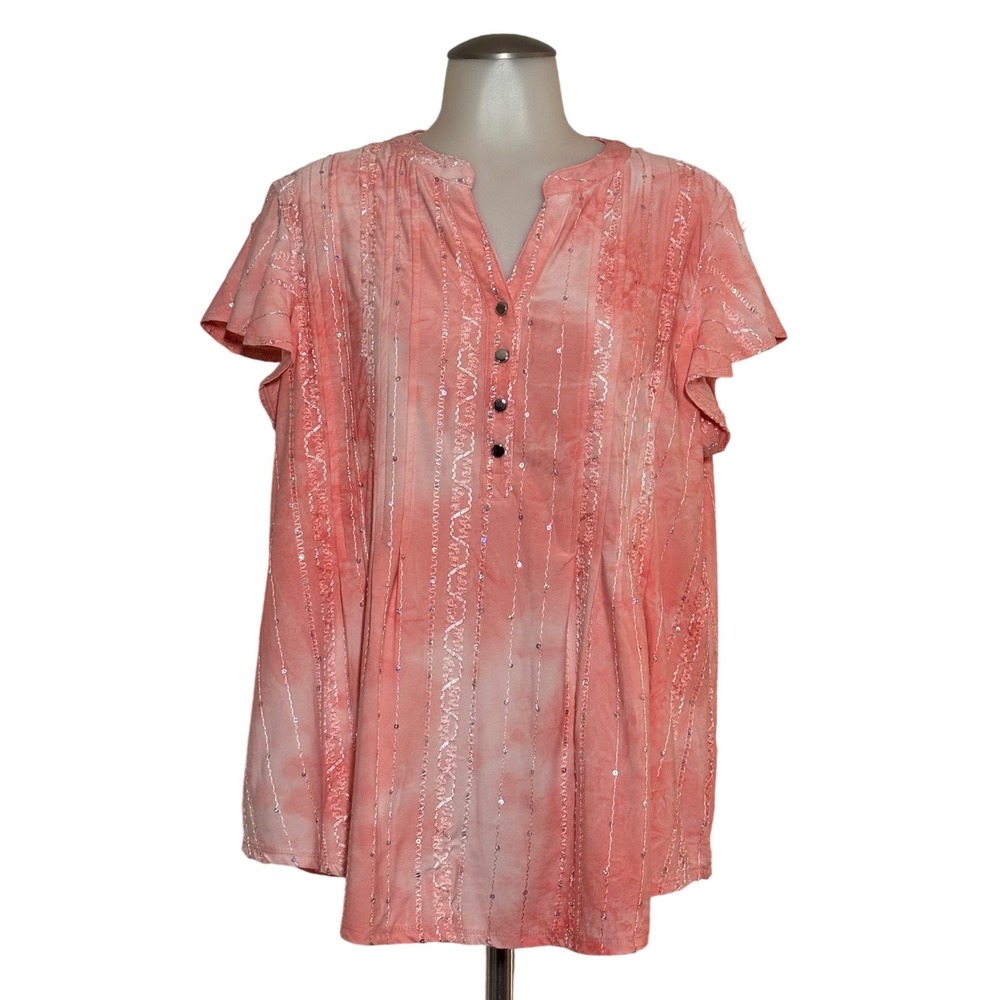 Kim Rogers Blouse Women XL Peach Excellent Tie Dye Sequin Embroidered Top Pretty